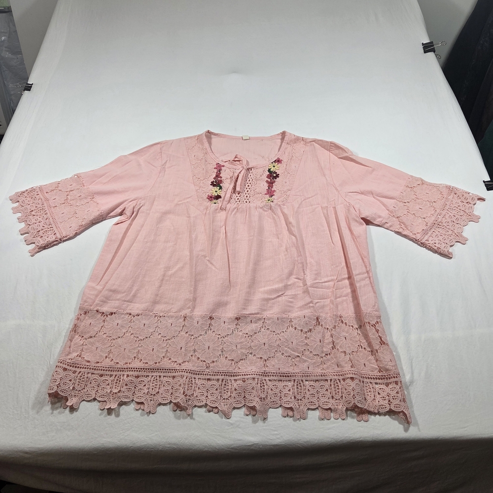 Pink Embroidered Crochet Hem Tunic Top Boho Scalloped Hem Long Sleeve Tie Front